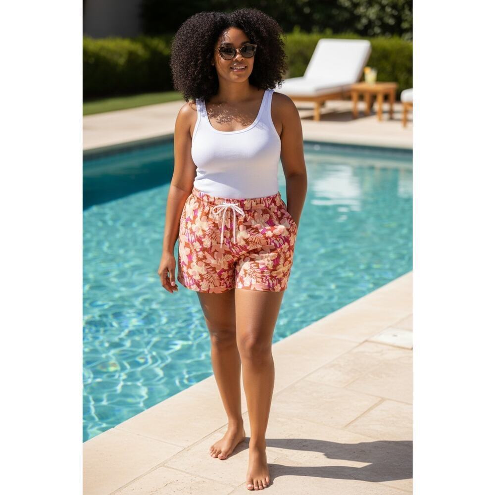 Eddie Bauer Tidal Shorts Women's 2X Orange Floral High Rise UPF 50+ Tropical NEW